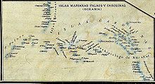 Map of 1888 showing the Spanish East Indies, including Palau Islands (map without Philippines) Islas Marianas Palaos y Carolinas.JPG