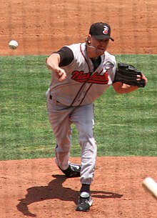 Weaver pitching for the Nashville Sounds, Triple-A affiliates of the Milwaukee Brewers, in 2008. Jeff Weaver, Nashville.jpg