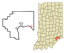 Condado de Jefferson Indiana Áreas incorporadas y no incorporadas Brooksburg Highlights.svg