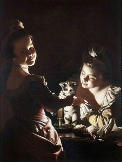 <i>Two Girls Dressing a Kitten by Candlelight</i> Painting by Joseph Wright of Derby