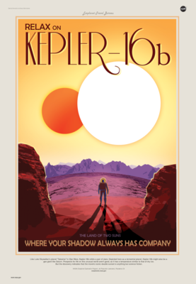 Kepler-16b poster: "Relax on Kepler-16b / The land of two suns / Where your shadow always has company"