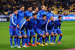 FCSB players lining up before a UEFA Europa League match in 2014. The team was still named FC Steaua Bucuresti at that time. Kiev-St (1).jpg