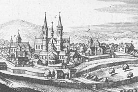 Гравюра монастыря работы Маттеуса Мериана (1655 г.).