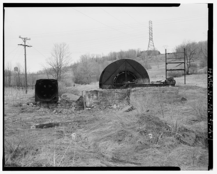 File:LEPLEY VENTILATOR FROM WEST. AEROVANE FAN AND AIR-MANWAY SHAFT AT LEFT, CIRCULAR SHAFT AND SCAFFOLD AT RIGHT REAR. - Consolidation Coal Company Mine No. 11, Lepley Ventilator, HAER MD,1-MLOTH.V,1A-1.tif