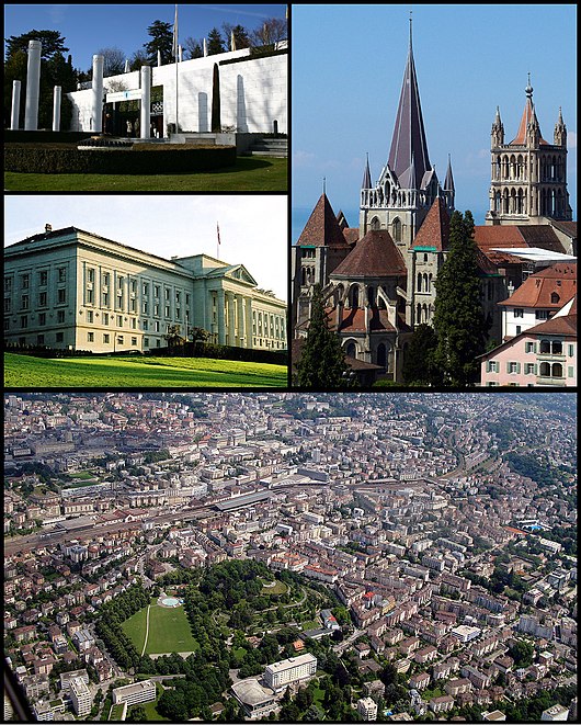 From top to bottom; left to right: the Olympic Museum, the Cathedral of Lausanne, the Federal courts of Switzerland, aerial view of the city, and the park of Milan.