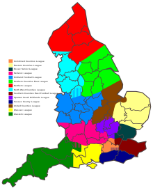 The area covered by the Western League is coloured in dark green. Levels 9-10 Football League areas in England.svg