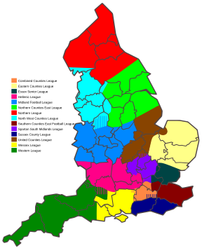 The area covered by the Wessex League is coloured in yellow. Levels 9-10 Football League areas in England.svg