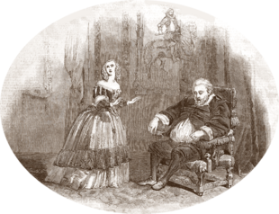 stage scene featuring young woman standing and old man in a chair, apparently insensible