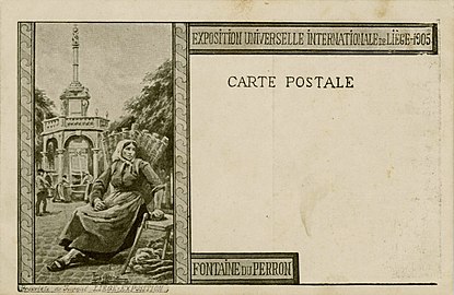 Exposition universelle et internationale de Liège 1905 Fontaine du Perron, 1905 (Carte postale ; 9 × 13,5 cm), Liège, Musée de la Vie wallonne