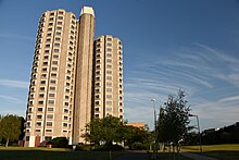 The university's iconic Towers halls of residence in 2021 Lufbra TowersHalls.jpg