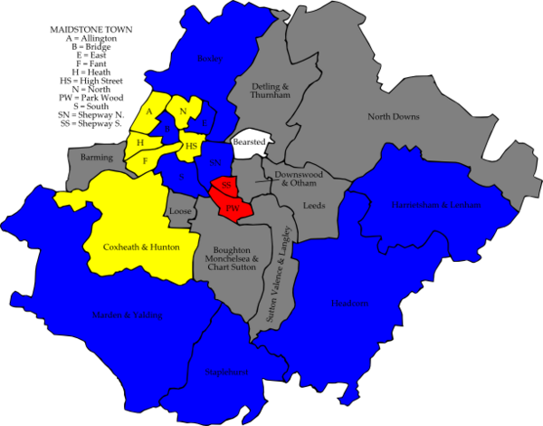Map of the results of the 2006 Maidstone council election. Conservatives in blue, Liberal Democrats in yellow, Labour in red and independent in white. Wards in grey were not contested in 2006.