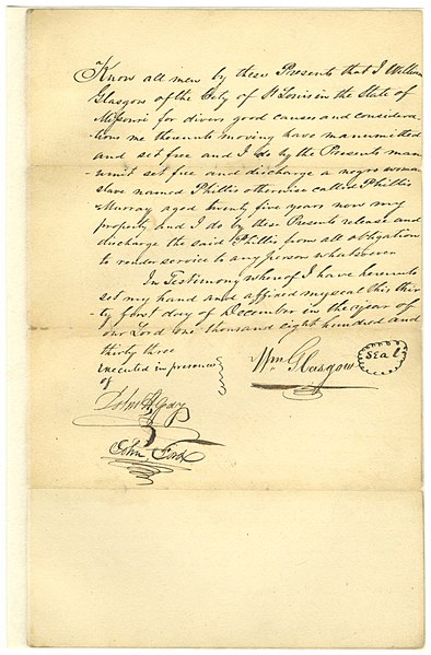 File:Manumission papers of Phillis Murray, negro woman aged about 25 years, signed William Glasgow, December 31, 1833.jpg