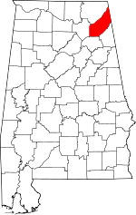 Map of Alabama highlighting DeKalb County