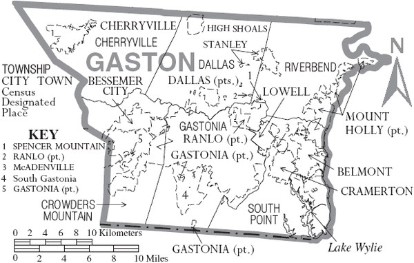 Map of Gaston County (Gastonia Township at the center, in the southern half) Map of Gaston County North Carolina With Municipal and Township Labels.PNG