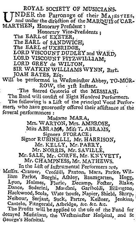 1787 advertisement for Messiah at Westminster Abbey with 800 performers