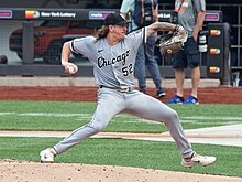 Mike Clevinger pitching during a simulated game, July 19, 2023 (cropped).jpg
