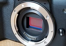 Close-up of the lens mount (silver) and image sensor (red) in a mirrorless camera, showing the small gap between the lens and the sensor, with no mirror assembly Mirrorless Camera Sensor.jpg