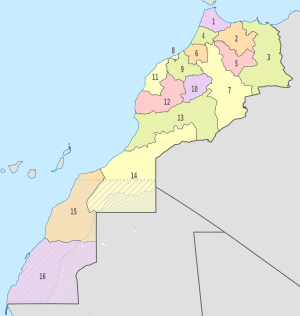 Morocco (full) (claims hatched -POLISARIO hatched), administrative divisions - Nmbrs - colored.svg