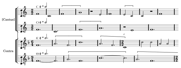 Beginning of the first "Kyrie", using all four mensurations in a twofold mensural canon between two pairs of voices. (full score; listen (help*info)
) Ockeghem Prolationum Kyrie incipit.svg