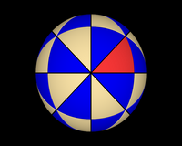 Orbit of a fundamental spherical triangle (marked in red) under action of the full octahedral group.