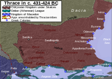 Thrace and the Thracian Odrysian Kingdom under Sitalces c. 431-424 BC, showing the territories of several Thracian tribes. Odrysian.svg