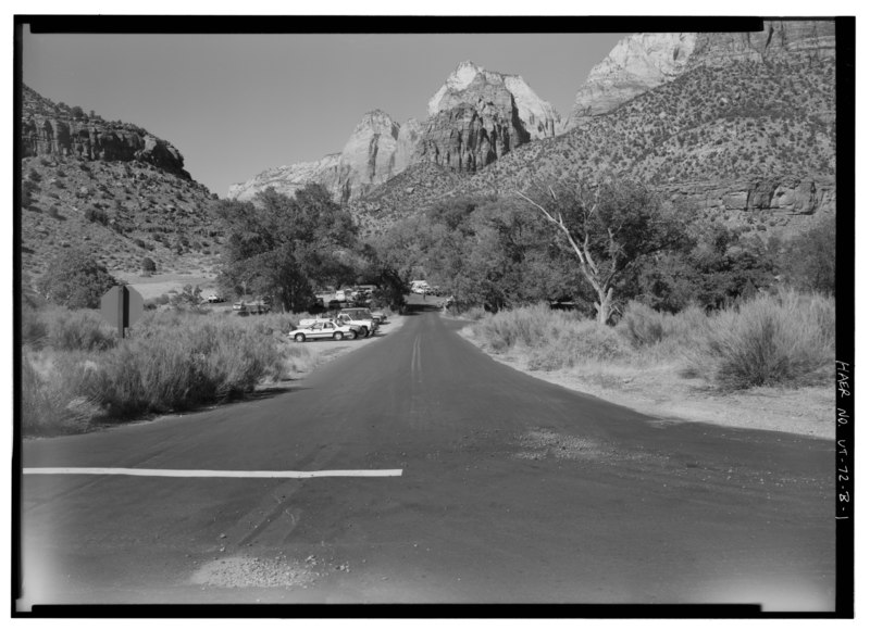 File:Old road alignment, now entrance to government parking area, facing 24 degrees north northeast - Oak Creek Administrative Center, One half mile east of Zion-Mount Carmel HAER UTAH,27-SPDA.V,9B-1.tif