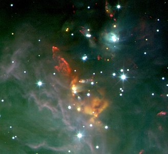Imatge infraroja dels xocs moleculars de l'arc associat amb fluxos bipolars de l'objecte HH 2 dins de la nebulosa d'Orió (M42).