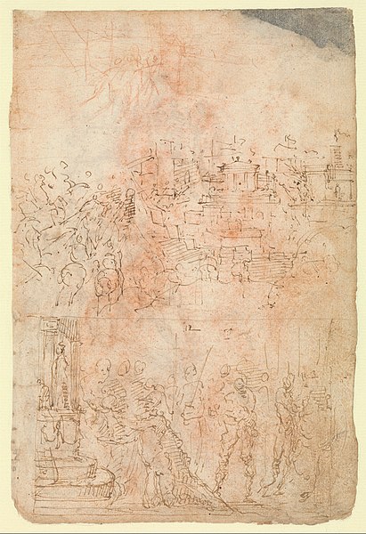 File:Page from a Sketchbook Depicting a City under Siege and a Scene of Homage(?) (recto); standing figures and a horseman; male and female figures; a battle scene (verso) MET DP358979.jpg