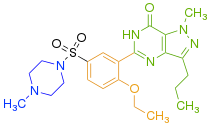 Figure 4: Sildenafil. Blue shows the methyl piperazine group, orange is the ethoxyphenyl group and orange and green together represent the pyrazolopyrimidinone group. Pde5ddfig4.svg