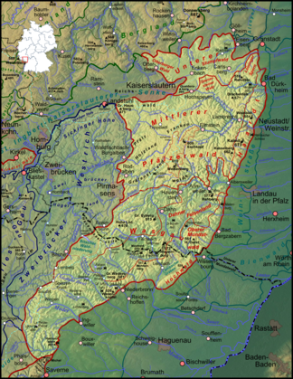 Naturraum Pfälzerwald-Nordvogesen(aufgehellt und rot umrandet, Pfälzerwald im Norden)