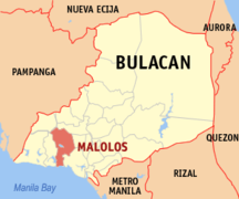 Mapa ng lalawigan ng Bulacan na nagpapakita ng kinaroroonan ng kabisera nito, Malolos