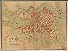 Map of Yerevan in 1920, made before the Soviet reconstruction of the city by Alexander Tamanyan in 1924. Taken looking west, with the Hrazdan River at the top rather than the left side Plan of Yerevan 1920.jpg