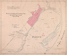 Map of the harbour in 1816, with the Gibraltar Point Blockhouse shown on the lower right Plan of the harbour, fort and town of York, the capital of Upper Canada (March 16th, 1816).jpg