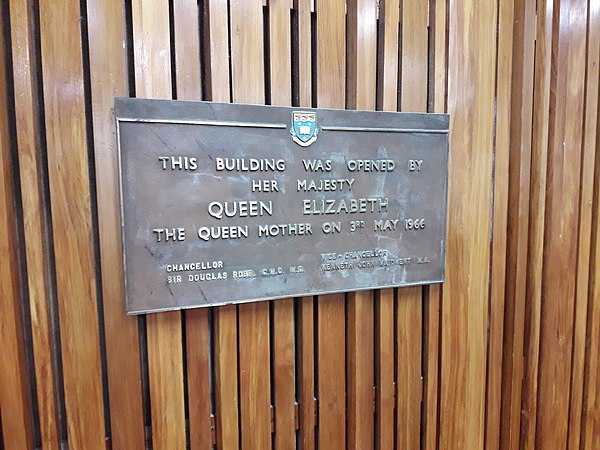 Plaque commemorating the opening of the Science Centre of the University of Auckland by the Queen Mother in 1966. The plaque is currently placed outsi