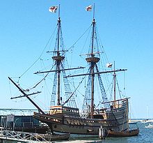 The Mayflower II, a replica of the 17th century English sailing ship Mayflower which transported a group of Pilgrim families from England to the New World in 1620 Plymouth Mayflower II.jpg