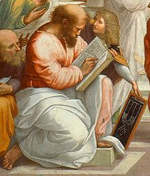 Detail of Pythagoras with a tablet of ratios, numbers sacred to the Pythagoreans, from The School of Athens by Raphael. Vatican Palace, Vatican City Pythagoras with tablet of ratios.jpg
