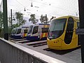 Avant de quelques rames Avanto destinées à la ligne du Tram-Train Mulhouse-Vallée de la Thur, et avant d'une rame Citadis 302 du tramway de Mulhouse, garées au dépôt de Soléa