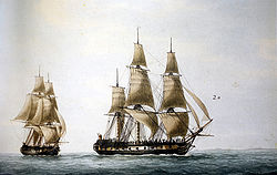 The frigates Recherche and Esperance aboard which Bruni d'Entrecasteaux reached the Derwent River in 1793. Recherche and Esperance-Francois Roux mg 0574.jpg