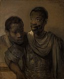 Two Moors label QS:Len,"Two Moors" label QS:Lde,"Zwei Moren" label QS:Lnl,"Twee moren" . 1661. oil on canvas medium QS:P186,Q296955;P186,Q12321255,P518,Q861259 . 77.8 × 64.4 cm (30.6 × 25.3 in). The Hague, Mauritshuis.