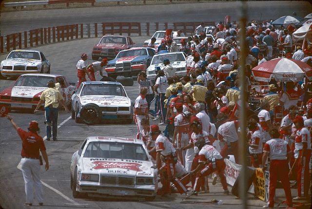 The pits during a 1985 NASCAR Cup race