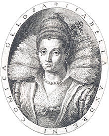 Rime d'Isabella Andreini 1603, frontispice, gegraveerd portret - Gallica 2014 (aangepast).jpg