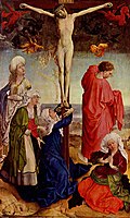 Follower of Robert Campin or Workshop of Rogier van der Weyden. Christ on the Cross label QS:Les,"Cristo en la Cruz" label QS:Lfr,"Christ en croix" label QS:Let,"Kristus ristil" label QS:Lru,"Христос на кресте" label QS:Lde,"Christus am Kreuz" label QS:Lpt,"Cristo na Cruz" label QS:Lsl,"Križanje" label QS:Lja,"十字架のキリスト" label QS:Lsv,"Jesus på korset" label QS:Lpl,"Chrystus na krzyżu" label QS:Luk,"Розп'яття Христове" label QS:Lnl,"De kruisiging" label QS:Len,"Christ on the Cross" label QS:Lmk,"Христос на крстот" label QS:Lit,"Cristo in croce" circa 1450 date QS:P,+1450-00-00T00:00:00Z/9,P1480,Q5727902 . 77 × 47 cm (30.3 × 18.5 in). Berlin, Gemäldegalerie.