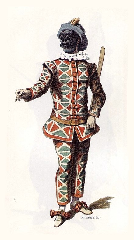 The classical appearance of the Harlequin stock character in the commedia dell'arte of the 1670s, complete with batte or "slapstick", a magic wand used by the character to change the scenery of the play (Maurice Sand, 1860[1])