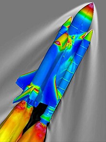 Lo Shuttle a Mach 2,46 e a un'altezza di 66 000 piedi (20 000 m). Le superfici del velivolo sono colorate in base al coefficiente di pressione e i contorni grigi rappresentano la variazione di densità dell'aria circostante. I valori sono calcolati con il software OVERFLOW.