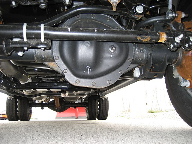 Differentials and drive shafts deliver torque to the front and rear wheels of a four-wheel drive truck