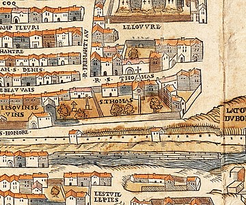 Saint-Louis-du-Louvre, här benämnd med det tidigare namnet S⋅THOMAS, på Truschets och Hoyaus karta över Paris från år 1552.