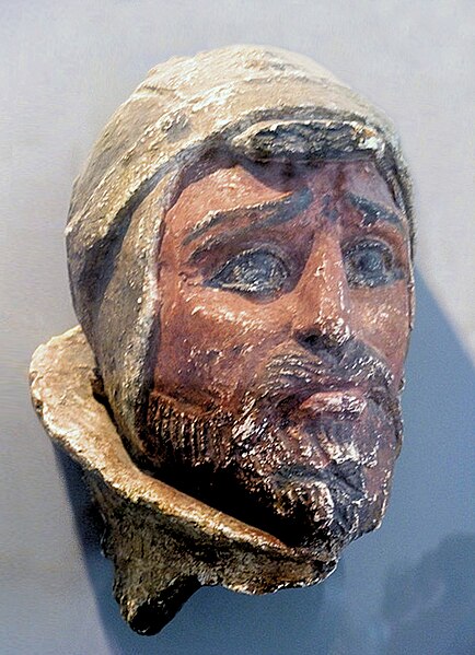 Head of a Saka warrior, as a defeated enemy of the Yuezhi, from Khalchayan, northern Bactria, 1st century BC.