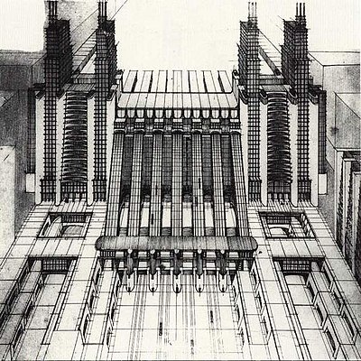 Schets van een station voor vliegtuigen en treinen door Sant'Elia in de serie La Città Nuova, 1914.