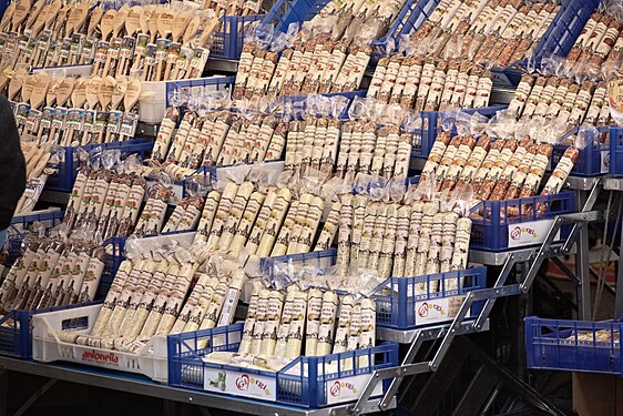 Boxes with sausages on market stall, Campo de' Fiori, Rome, Italy