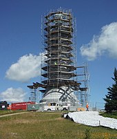 Renovations due to persistent water infiltration, August 2016 Scaffolding on Mt. Greylock's War Memorial.jpg